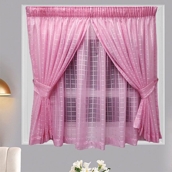 Matoc Readymade Curtain Cafe Height1.2m H Double Voile Grid Pink