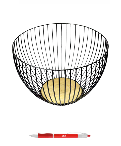 Round Matte Black Metal Fruit Basket with Wooden Bottom and HDS Torch