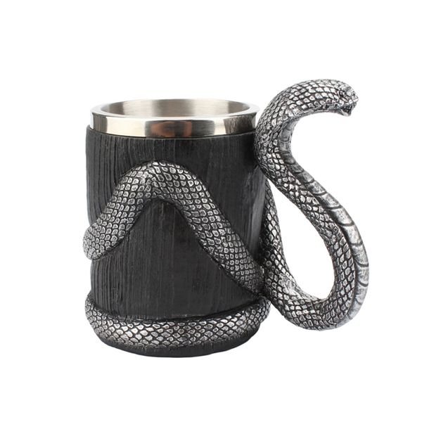 Creative 600ml 3D Resin Cobra Snake Handle Stainless Steel Beer Mug