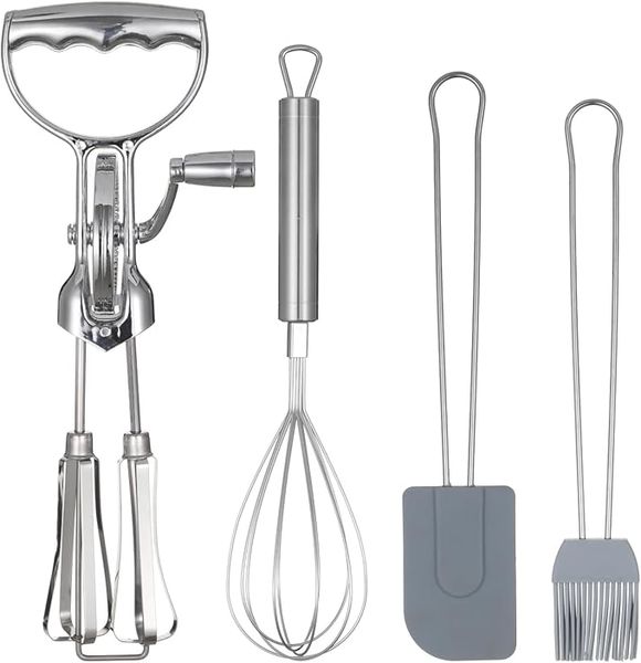 4-in-1 Rotary Egg Beater Set with Silicone Brush, for Baking