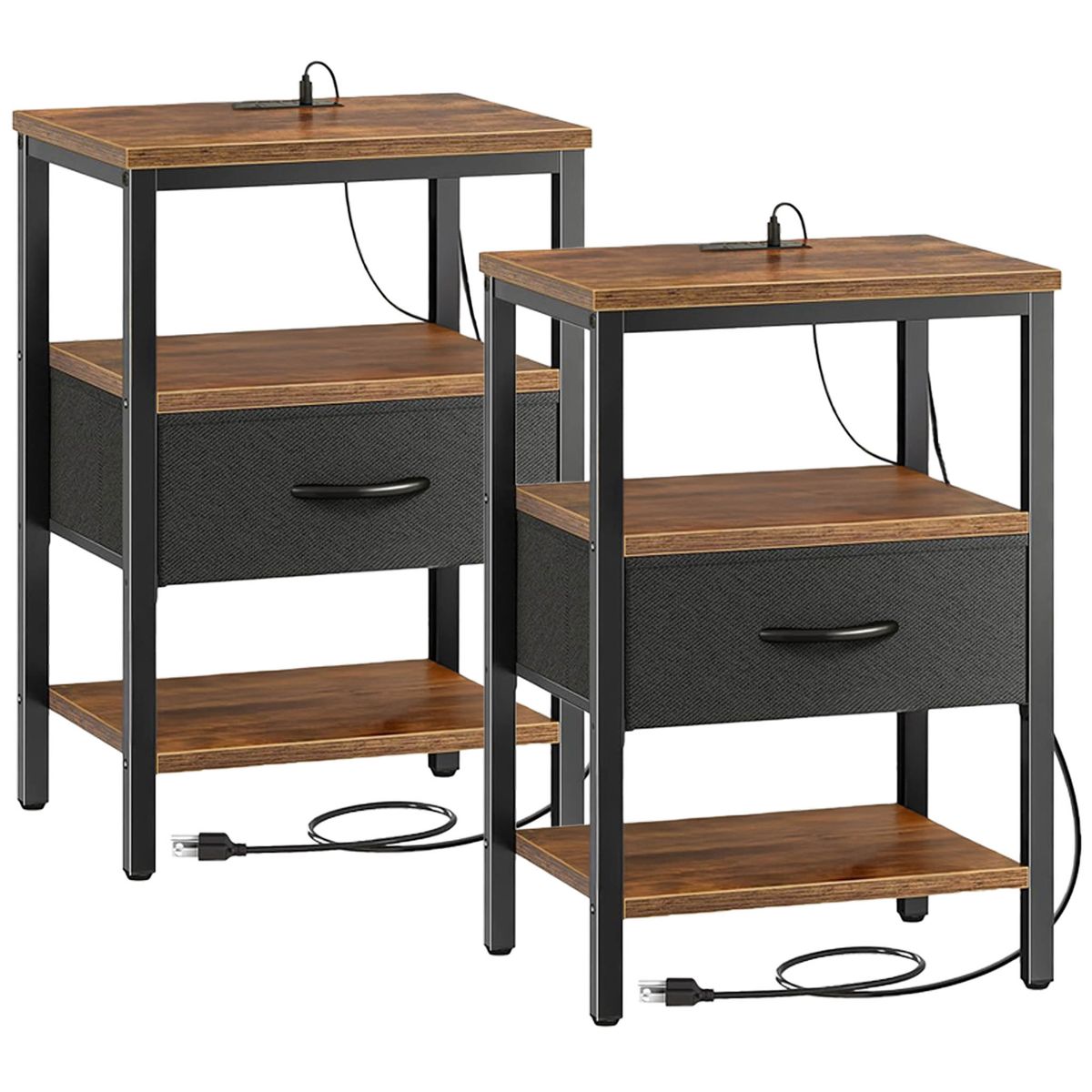 2 Piece Beside Table End Table with Charging Station Nightstand Dress Table