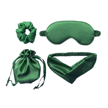 4 Piece Silk Sleep Mask Elastic Headband Hair Scrunchies Set-Green