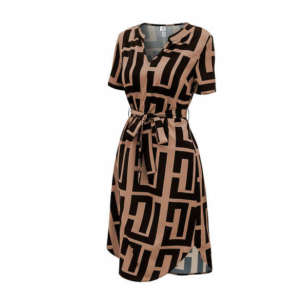 Plaid V-Neck A-Line Midi Dress - Brown