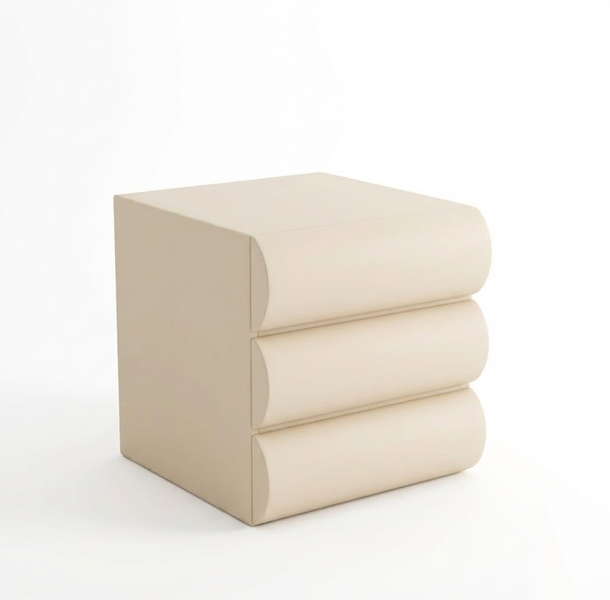 Modern3-Drawer Curved Bedside Table &amp; Nightstand Pedestal-Cream