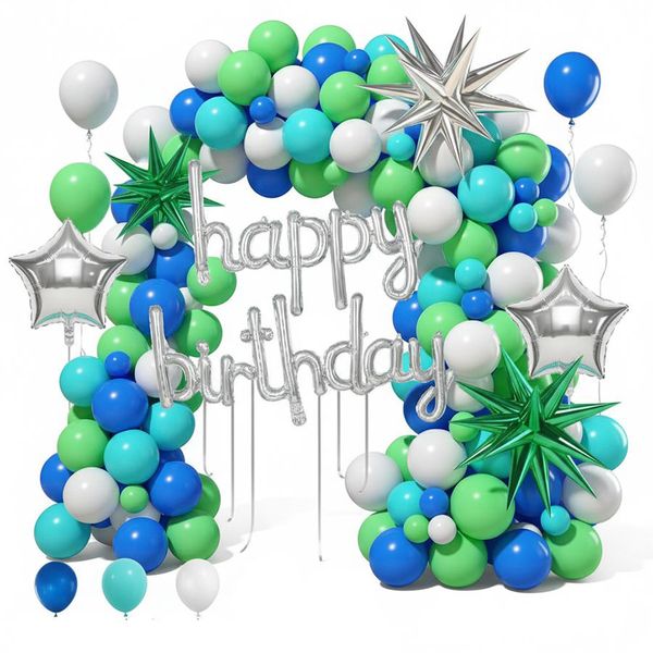 100 Piece Blue &amp; Green Happy Birthday Balloon Arch Decor Kit