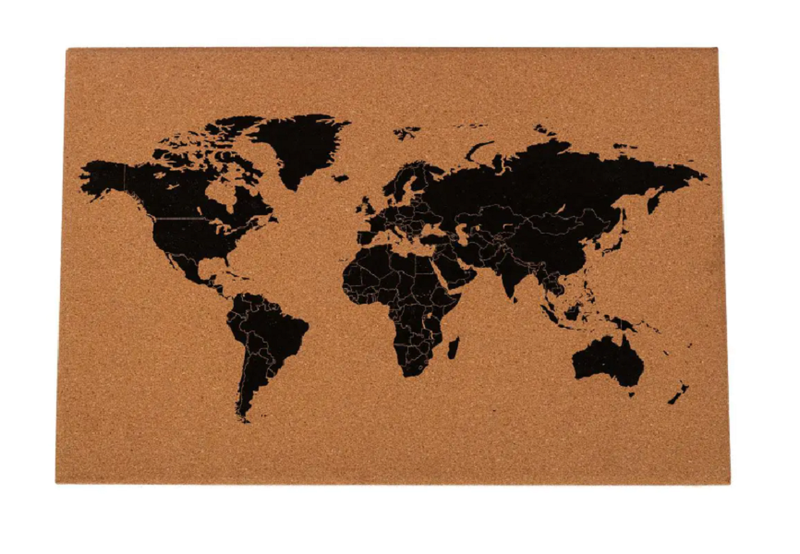 World Map Frame - Cork Board with 6 x Push Pins and Mounting Hardware