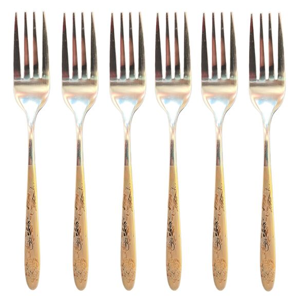 Cake Fork 6pc Stainless Steel Gold Handle Floral Pattern