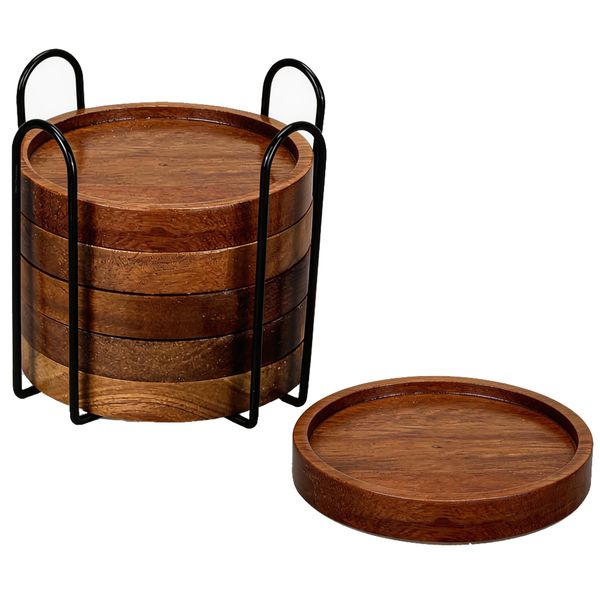 6 Pack Wooden Coasters with Holder, Coffee Table Coasters for Drinks Cups