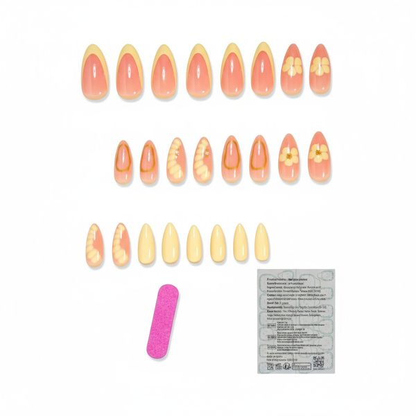 Press-On Fake Gel Nails - Almond Shape 24pcs Butter Yellow Flowers|Nail Art
