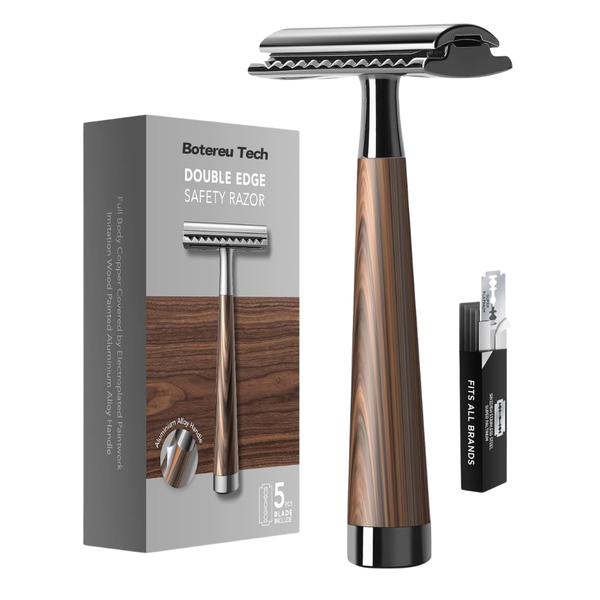 BotereuTech Double Edge Safety Razor Wooden Handle 5 Blades Brown