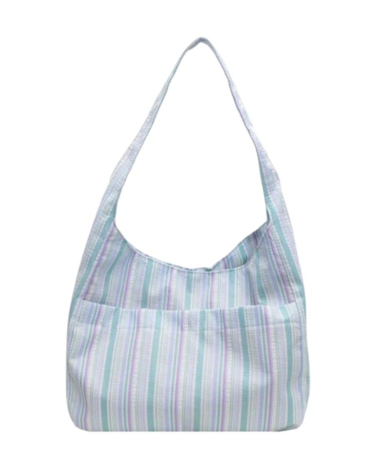 Large-Capacity Striped Canvas Tote Bag - Blue