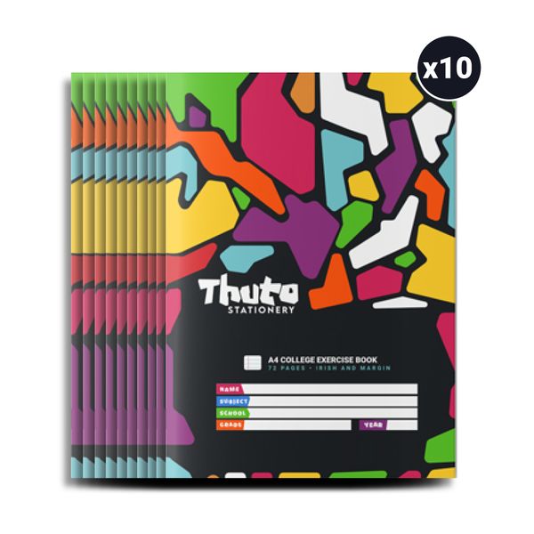 Thuto A4 72 Pages Irish &amp; Margin Exercise Books(10 in Pack)-Jazzy Edition