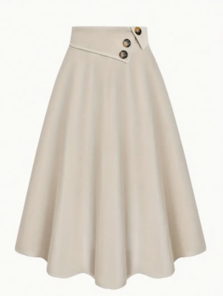 Apricot High-Waisted Midi Skirt - Faux Button Detail