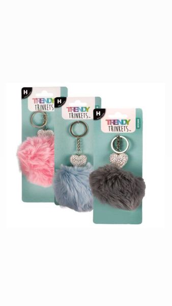 3 Set of Pom Pom with Bling Hearts Key Rings