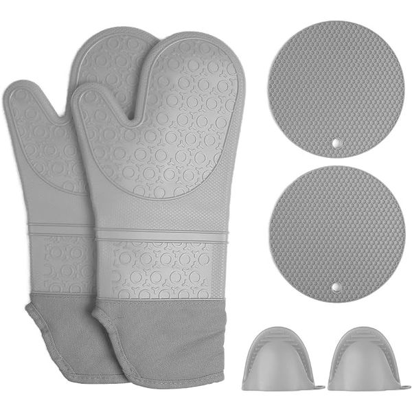 Heat Resistant Silicone Oven Gloves Set of 6 with 2 Finger Mitts 2 Hot Pads