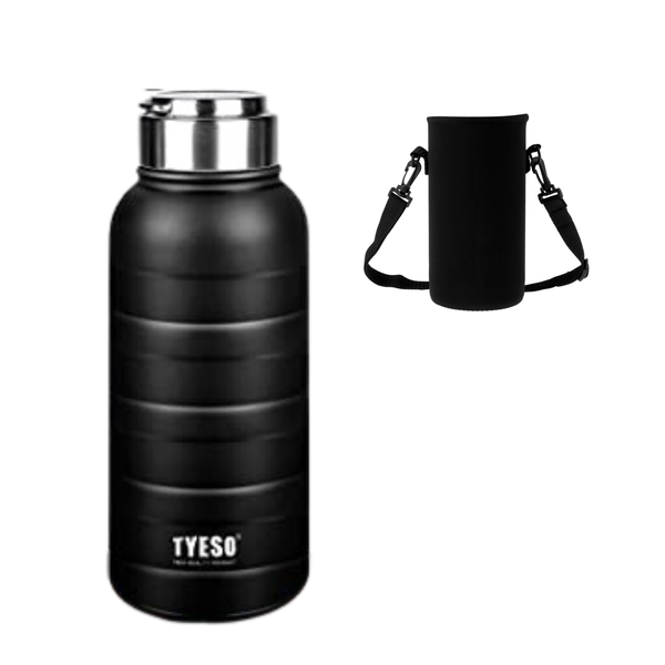 Tyeso Black Thermal Flask, Vacuum Insulated Water Bottle + Carrier Bag