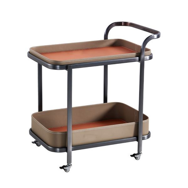 Saddle Leather Bar Cart Trolley With Universal Wheel In Beige And Orange