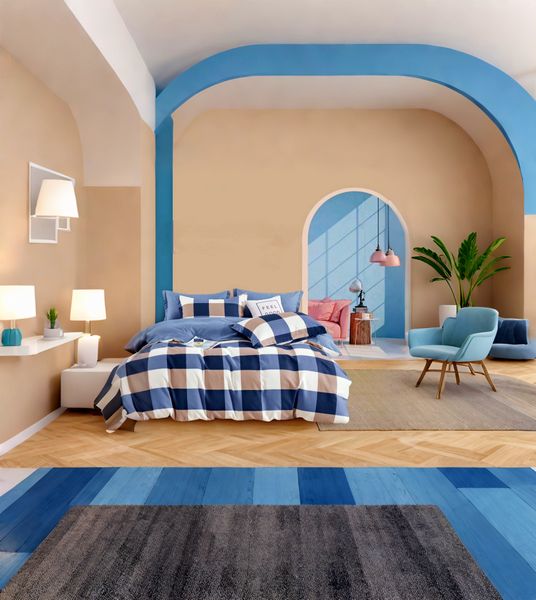 Blue/Beige Polyester Checkered Three Quarter Duvet Cover set