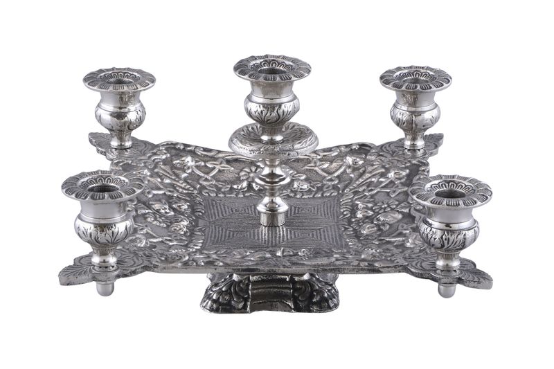 Five Candle Holder on Square Plate - Antique Finish