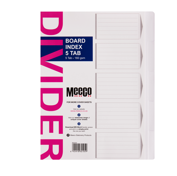 Meeco Indexes Board White - 5 Tab - Pack of 10