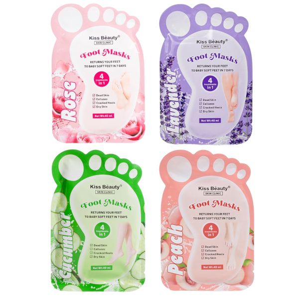Set of 4-KissBeauty Rose Peach Lavender Cucumber 4in1 Exfoliating Foot Mask