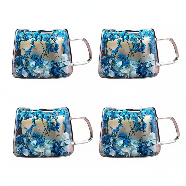 4 Pack 200ml Petal Glass Cup With Handle - Blue And White