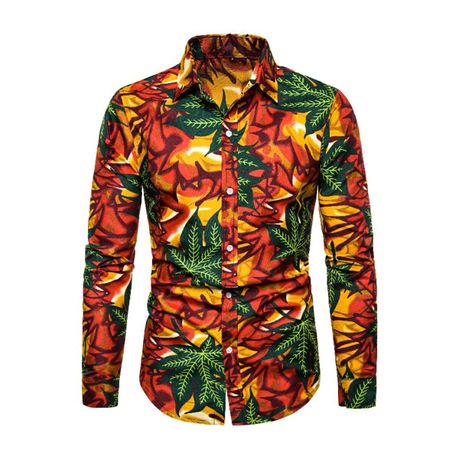 Men s Long Sleeve Shirts African Print Turn Down Collar Button Up Blouse