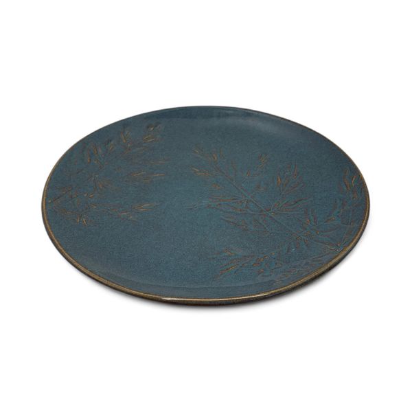 6Piece Dinner Plates 27cm Round Blue with Brown Rim and Leaf Design