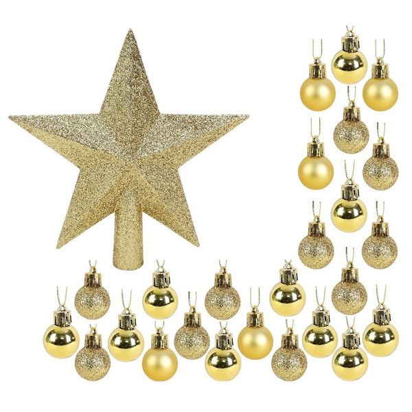 Christmas Tree Baubles 25 Piece (2.5cm) &amp; Star Topper (15cm) Set
