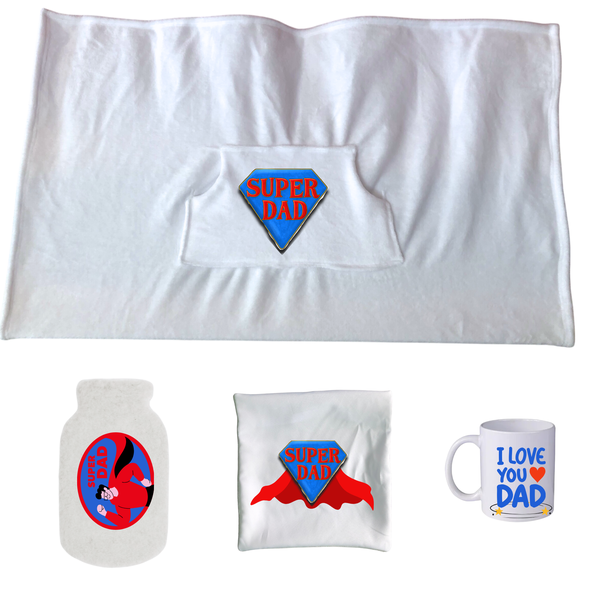 Men/Dad Gift Set - Blanket, Pillow Case, Hot Water Bottle Cover, Mug-Super Dad