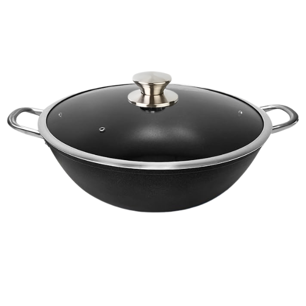 Non-Stick Deep Wok Pan with Glass Lid - Aluminum Cooking Pot