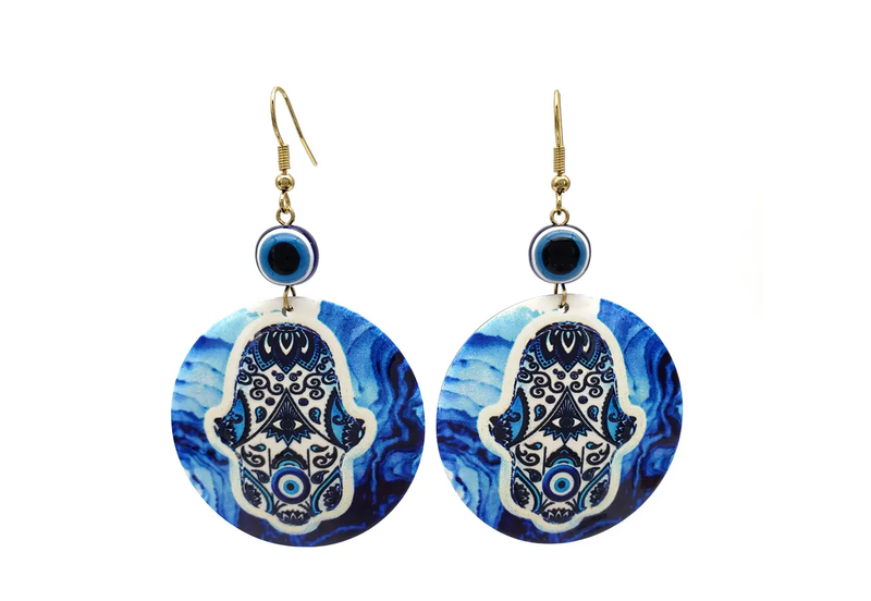 Turkish Evil Eye Acrylic Drop Earrings - Wavy Hamsa