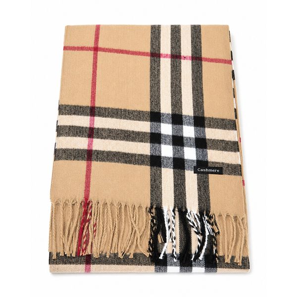 Beige Tartan Cashmere Scarf with Fringe Detail