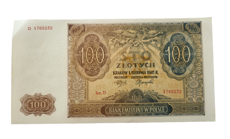 1941 Poland 100 Zlotych Note German Occupation Poland 100 Zlotych Note
