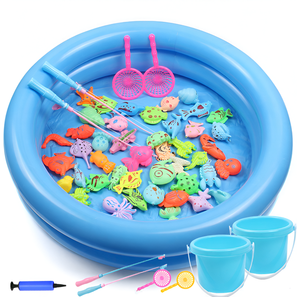 Magnetic Fishing Water Toy Set with Round Fish Pond 2 Fish Barrel for Kids