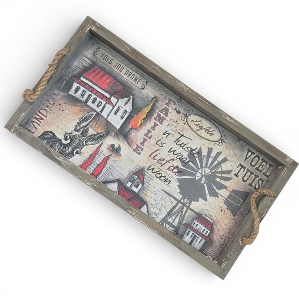 Afrikaans Wooden Tray with Rope Handles - Countryside Design, 44cm Wide