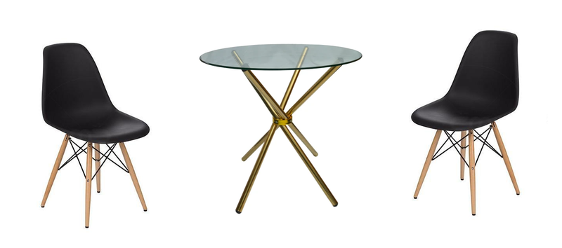 3 Piece 80cm Glass Table Gold Legs and Wooden Leg Chairs