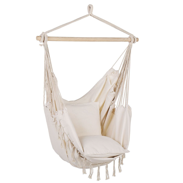 Hanging Hammock Chair - Khaki Colour Fringe, Portable, Garden Use