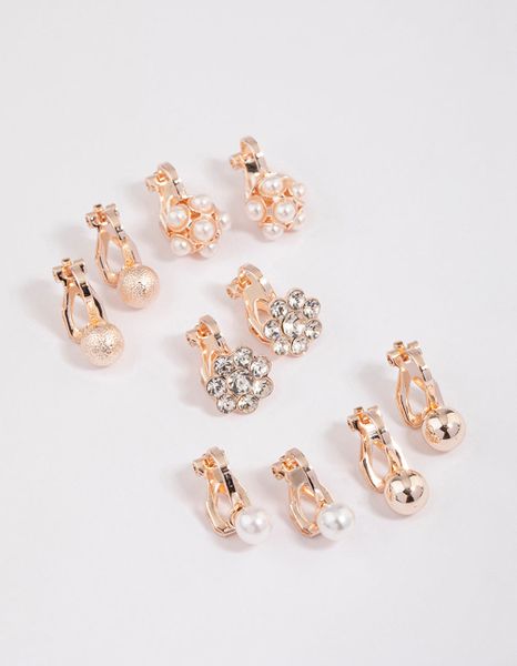 Silver Pearl &amp; Diamante Flower Clip On Earrings 5-Pack