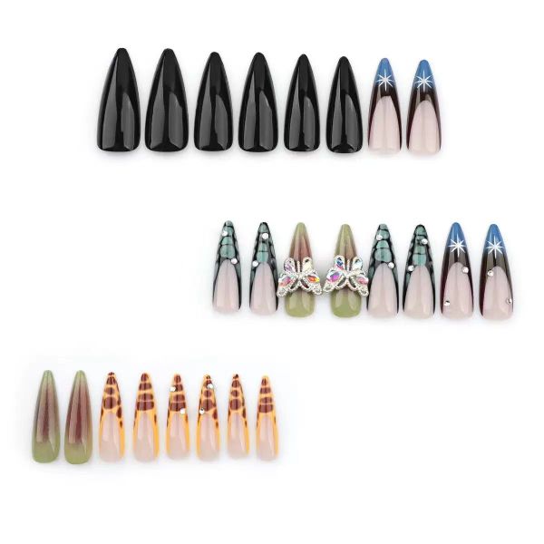 French Manicure With Rhinestone 3D Butterfly False Nails