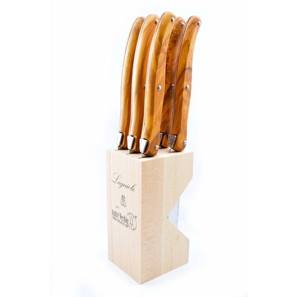 Andre Verdier Laguiole Steak Knife Set with Olive Wood Handle in Block