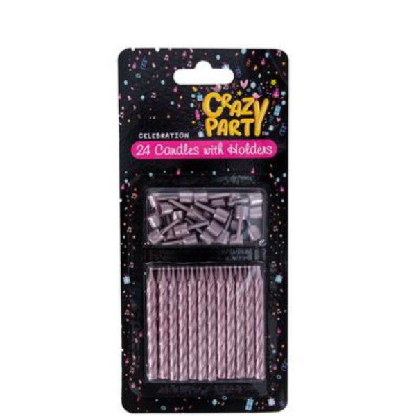 Crazy Party - 24 Pack Metallic Pink Birthday Candles With Holders