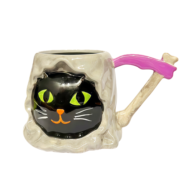 Halloween Gift Idea - Black Ceramic 3D Witch Cat Mug with Bone Handle