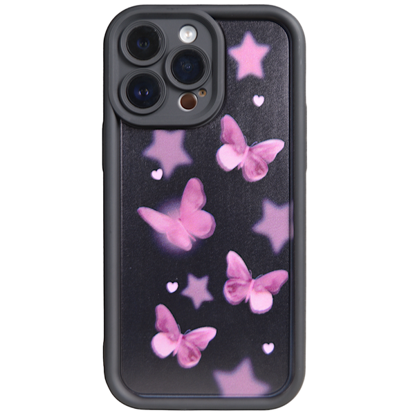 Black - Phone Case with Bubble Edge &amp; Pink Butterflies - Iphone 14 Pro Max