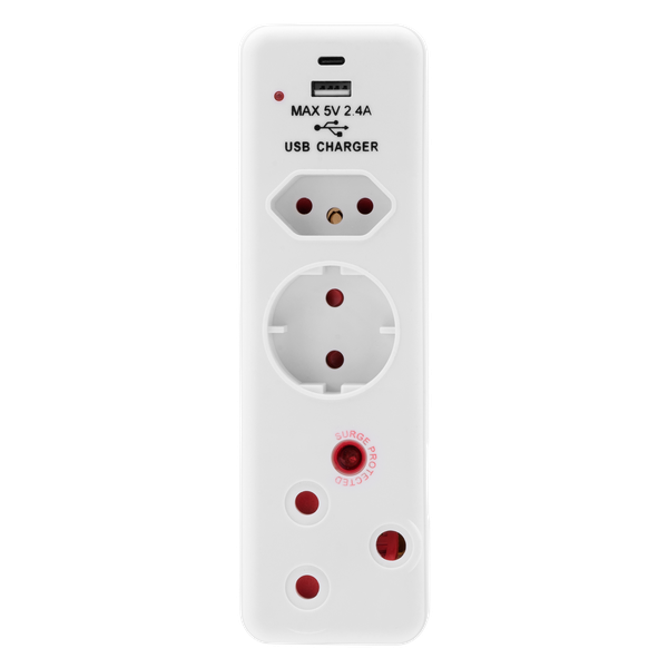 Ellies 3 Way Medium Surge protected adapter with USB-A + USB-C