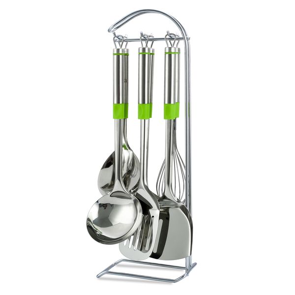 LMA 7 Piece Hanging Stainless Steel Utensil &amp; Holder Set - Silver/Green