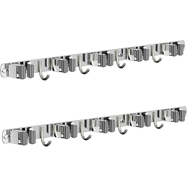 2 Pcs Mop Broom Organizer Wall Mount with 5 Slots and 4 Hooks, 43x2.9x4CM