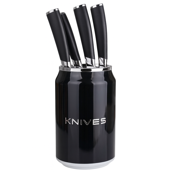 Modern Black Knife Set with Sleek Cylindrical Holder