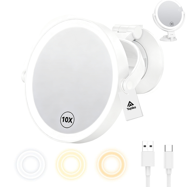 Topika Makeup Mirror Suction Cup 18cm, 1X/10X, 3 Light Modes Rechargeable