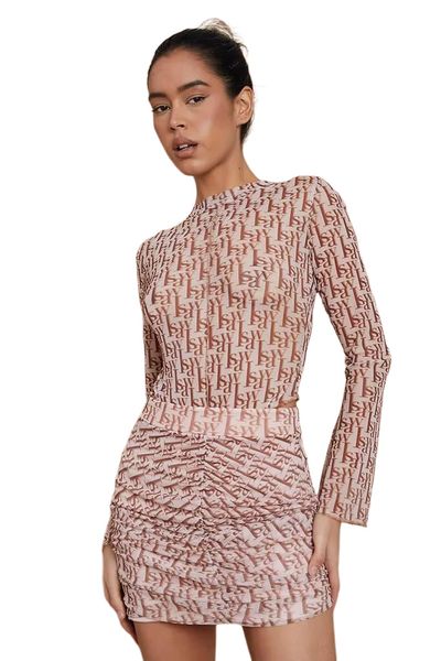 I Saw It First Ladies - Nude Isaw Monogram Mesh Seam Detail Long Sleeve Bodysuit